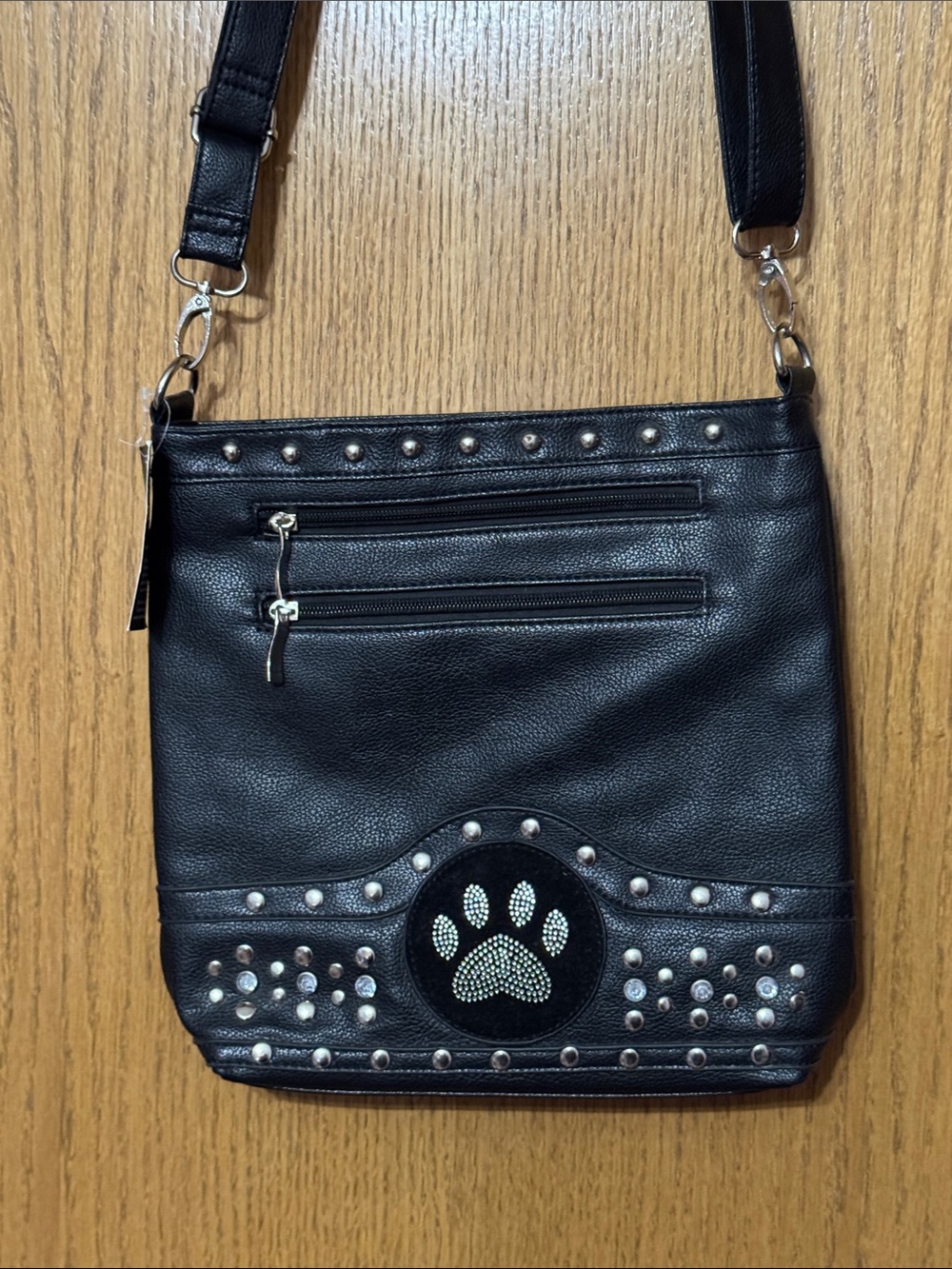 Black Studded Crossbody Bag with Paw Accent